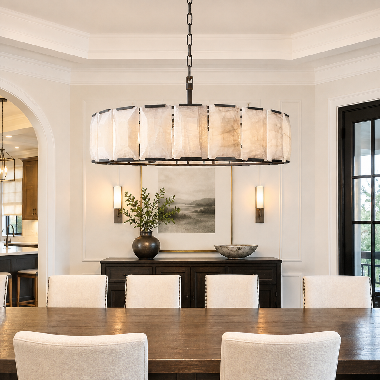 Hadilor Calcite Round Chandelier with Natural Alabaster Stone Shades
