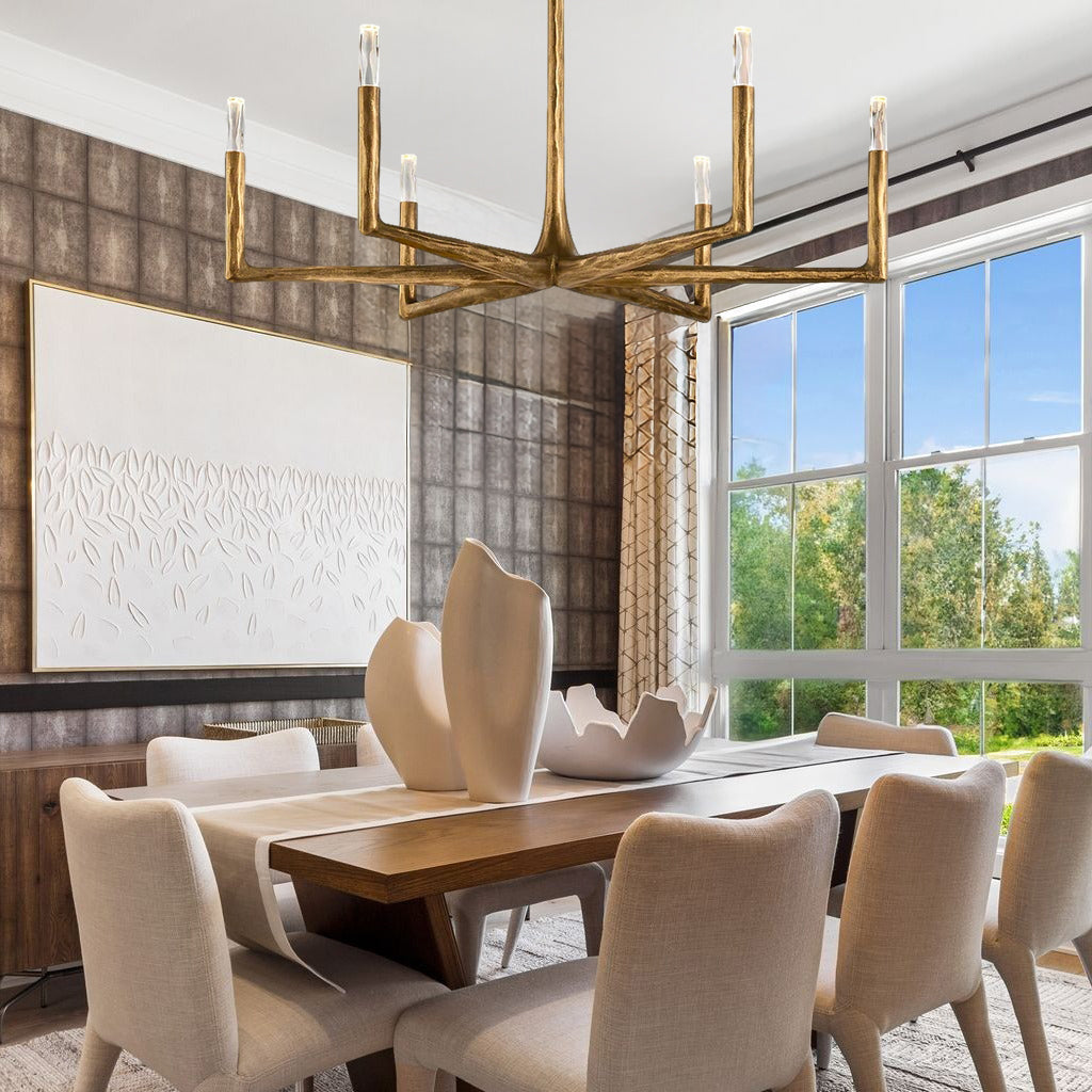 Modern dining room with a wooden table and beige chairs, featuring a large window with a view of greenery.