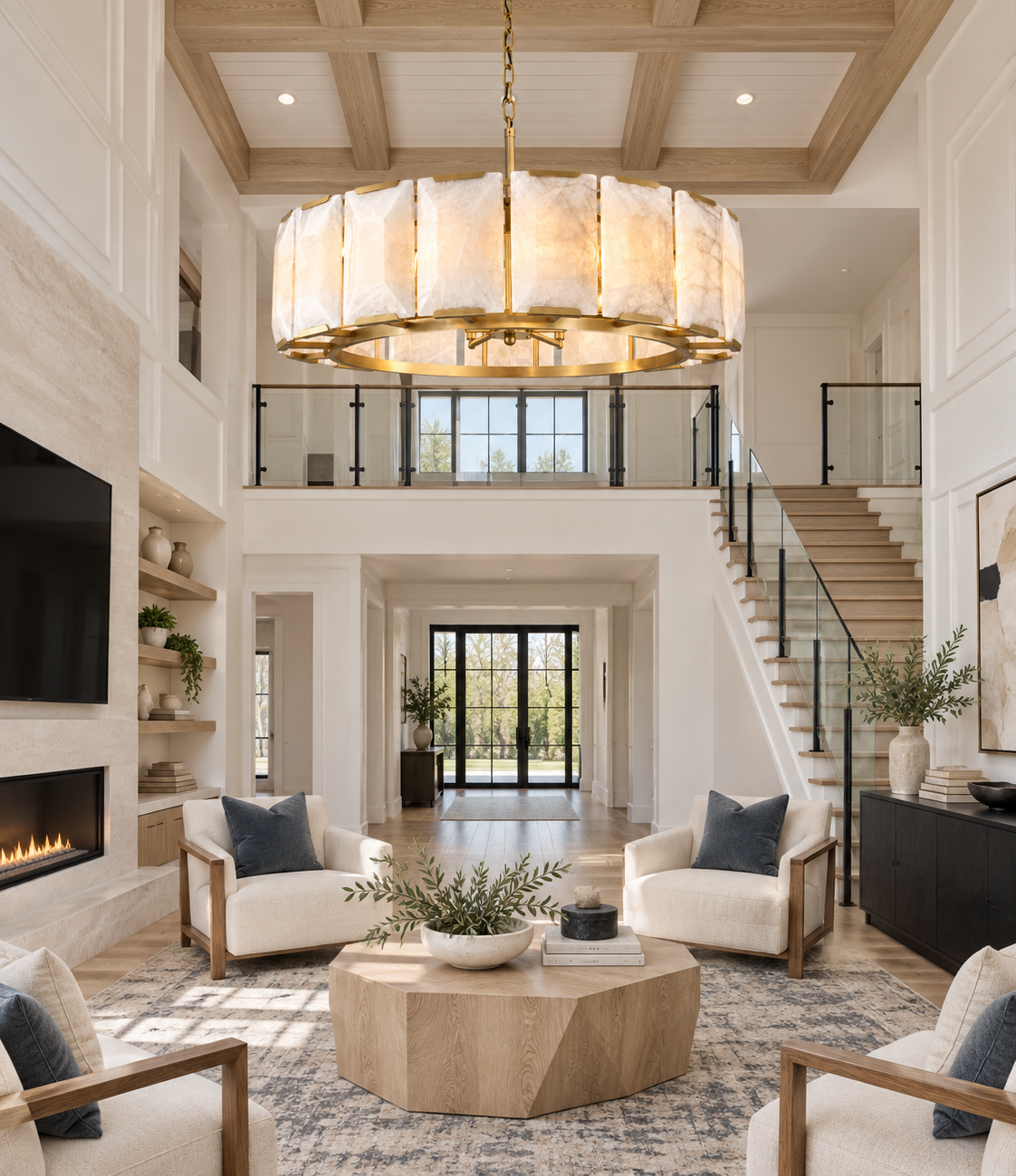 Hadilor Calcite Round Chandelier with Natural Alabaster Stone Shades