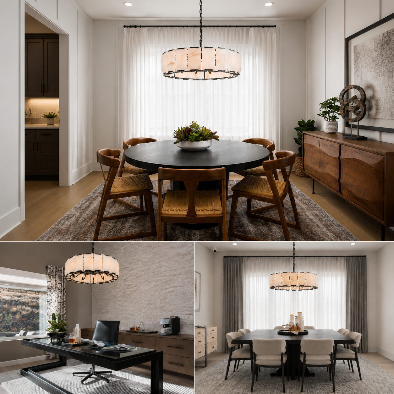 Hadilor Calcite Round Chandelier with Natural Alabaster Stone Shades