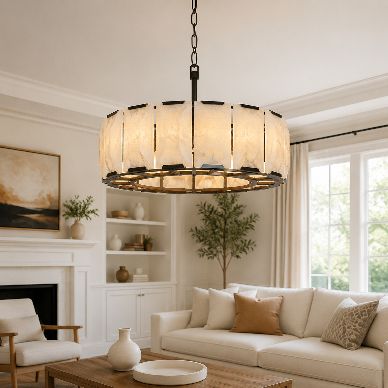 Hadilor Calcite Round Chandelier with Natural Alabaster Stone Shades
