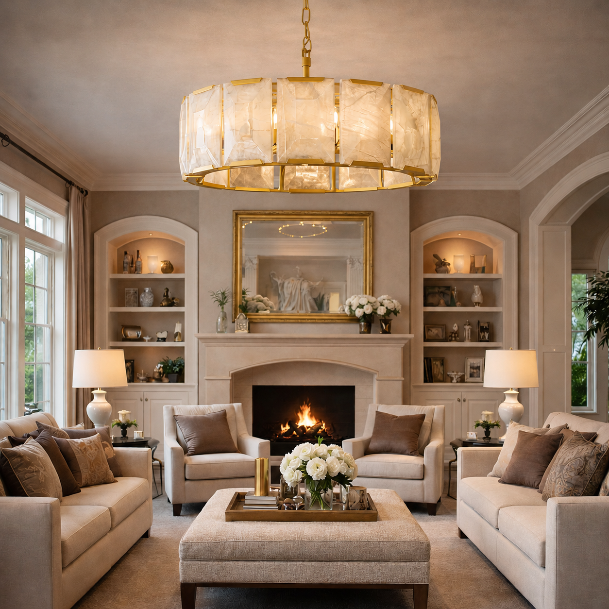 Marlow Calcite Round Chandelier with Natural Alabaster Stone Shades