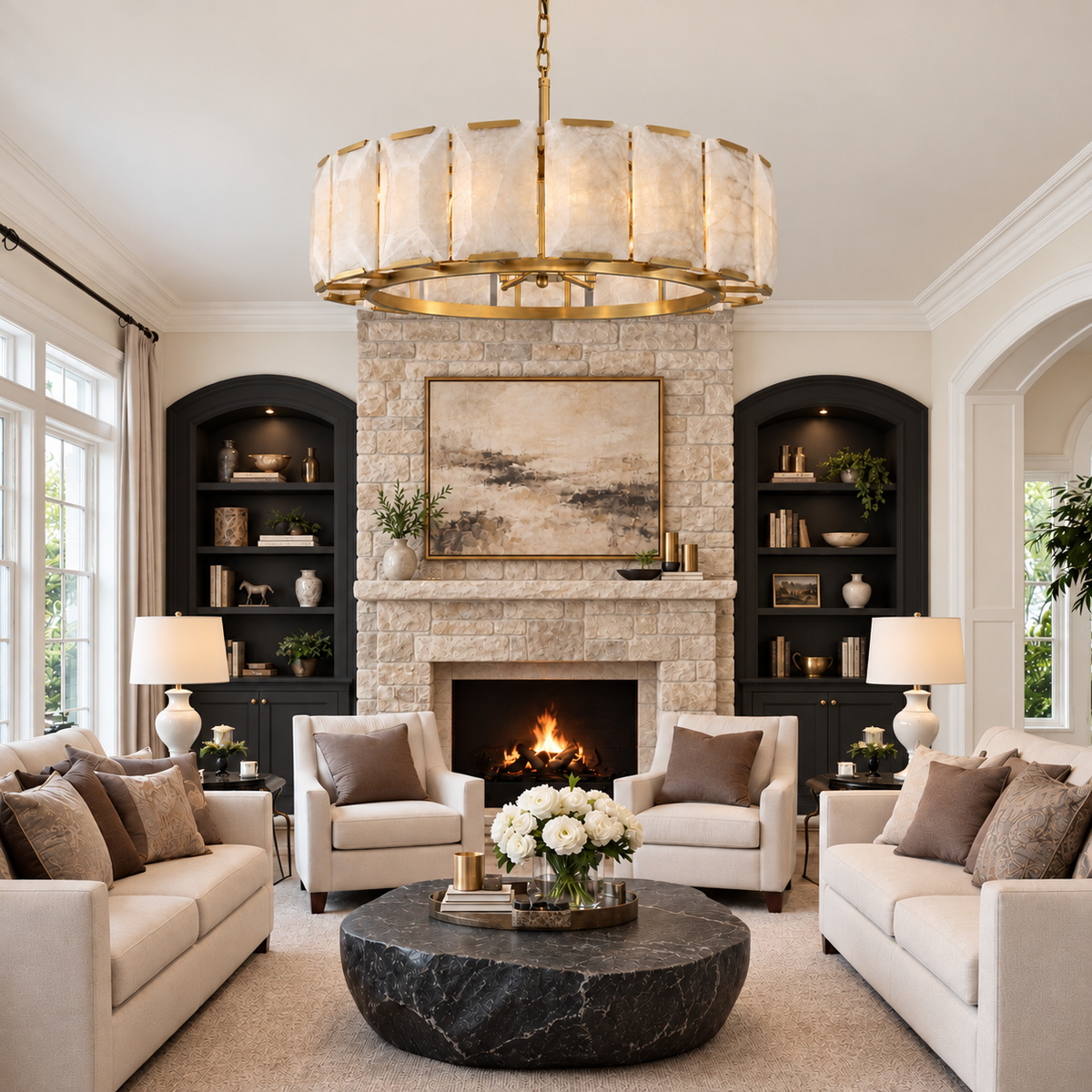 Hadilor Calcite Round Chandelier with Natural Alabaster Stone Shades