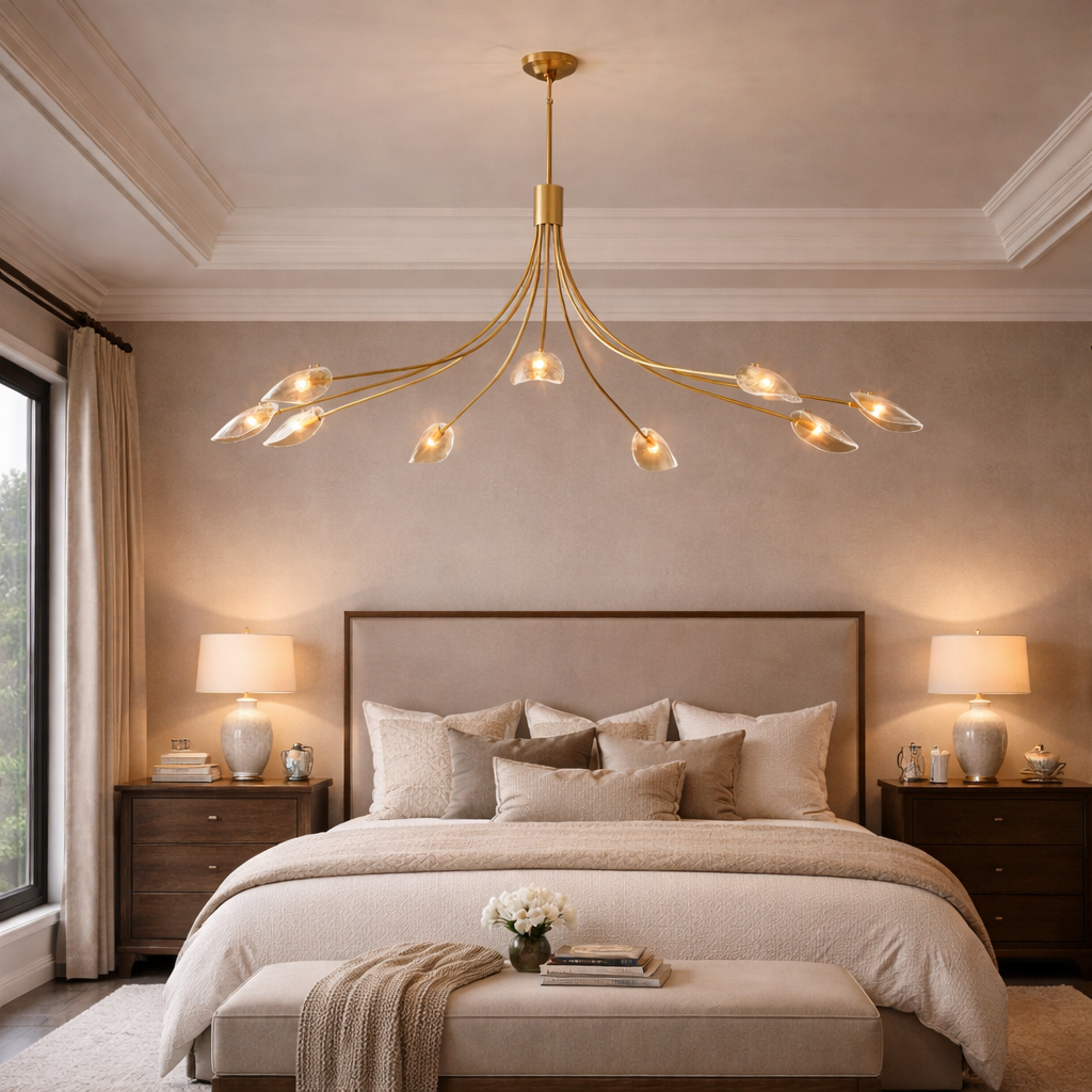 Modern bedroom with a gold chandelier, bed, and side tables.