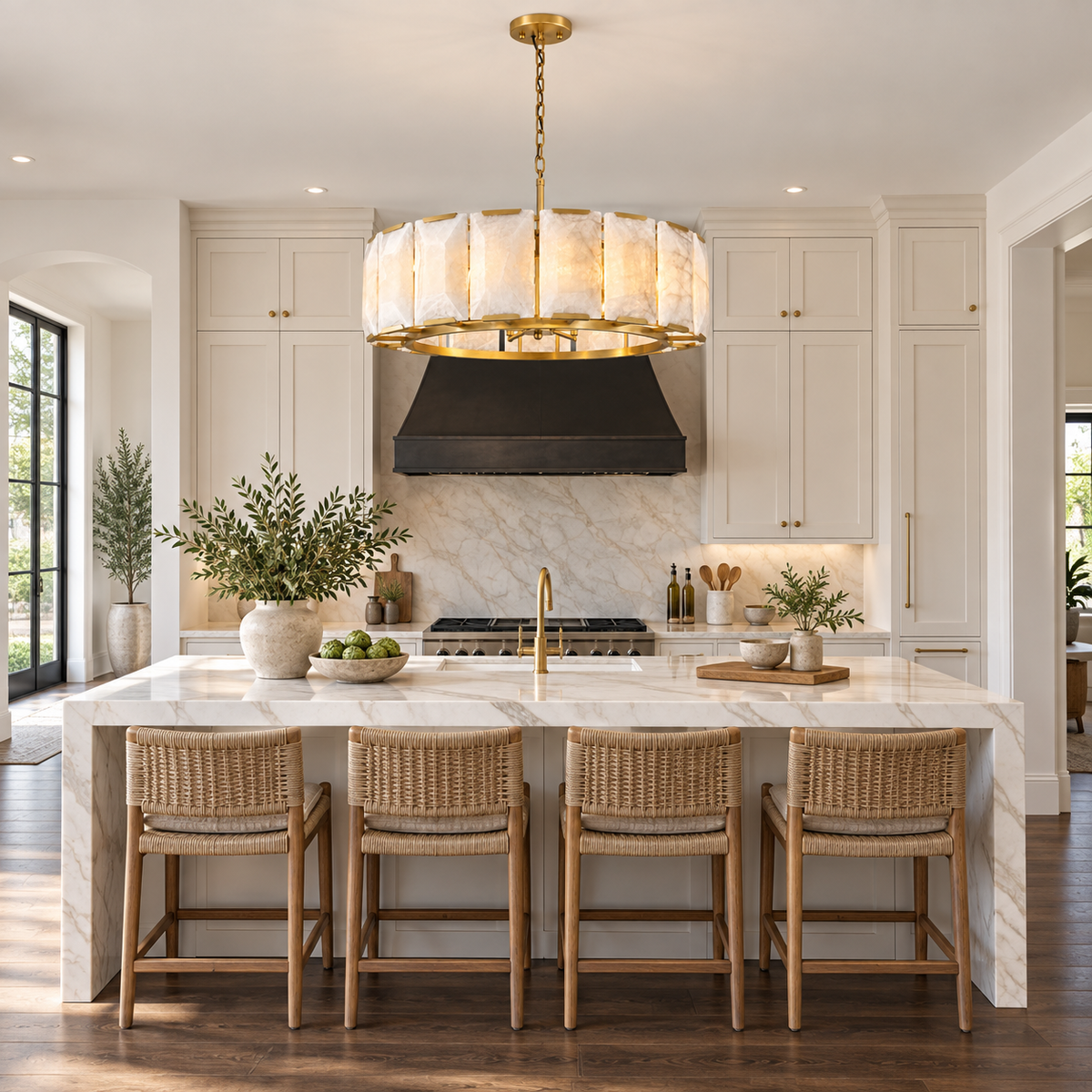 Hadilor Calcite Round Chandelier with Natural Alabaster Stone Shades