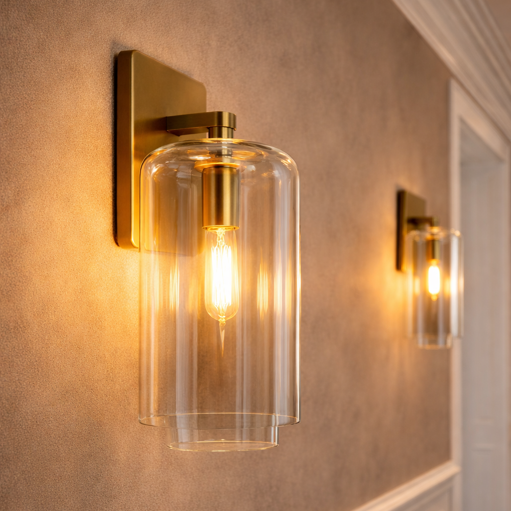 Wall-mounted sconce with clear glass shade and gold fixture on a beige wall.