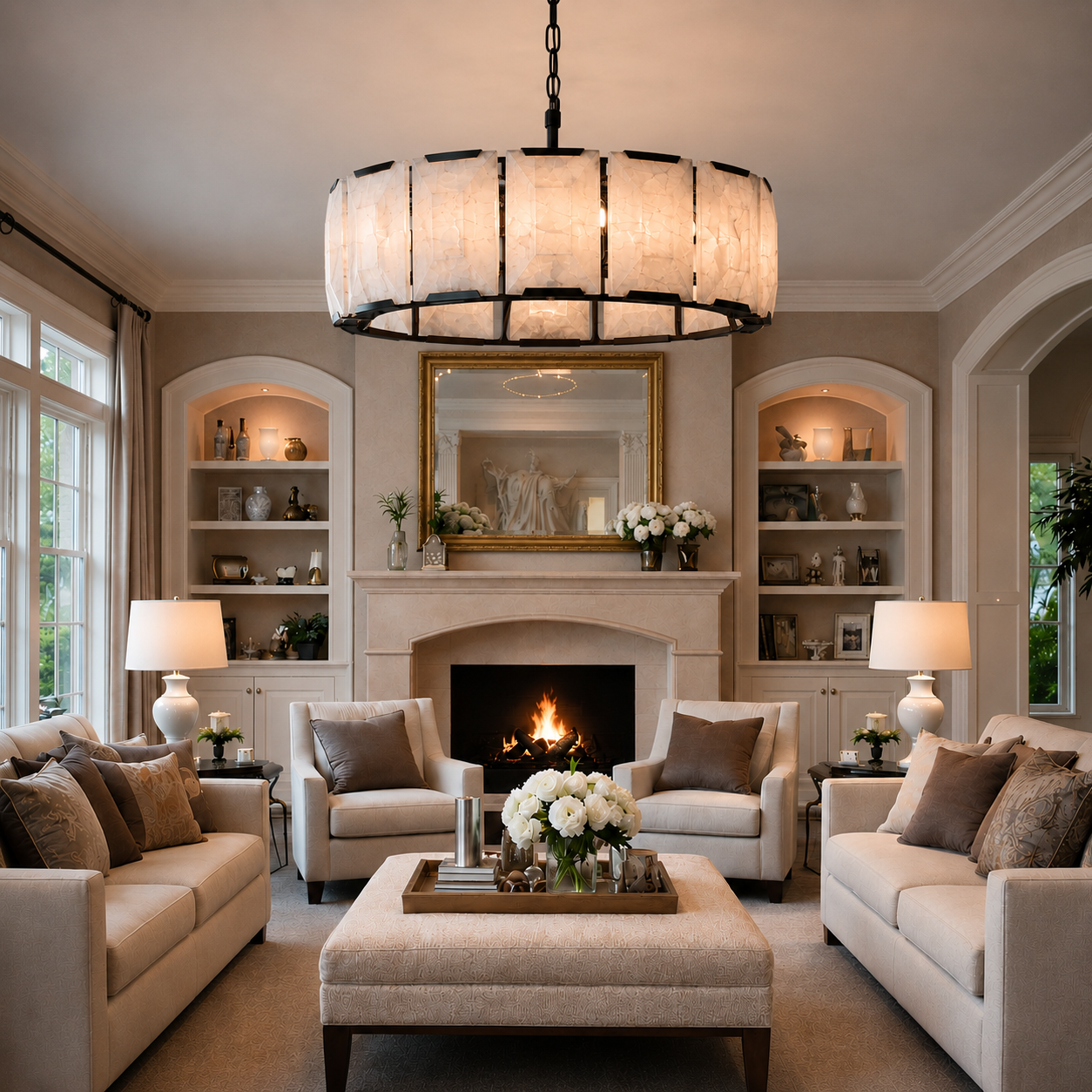 Marlow Calcite Round Chandelier with Natural Alabaster Stone Shades