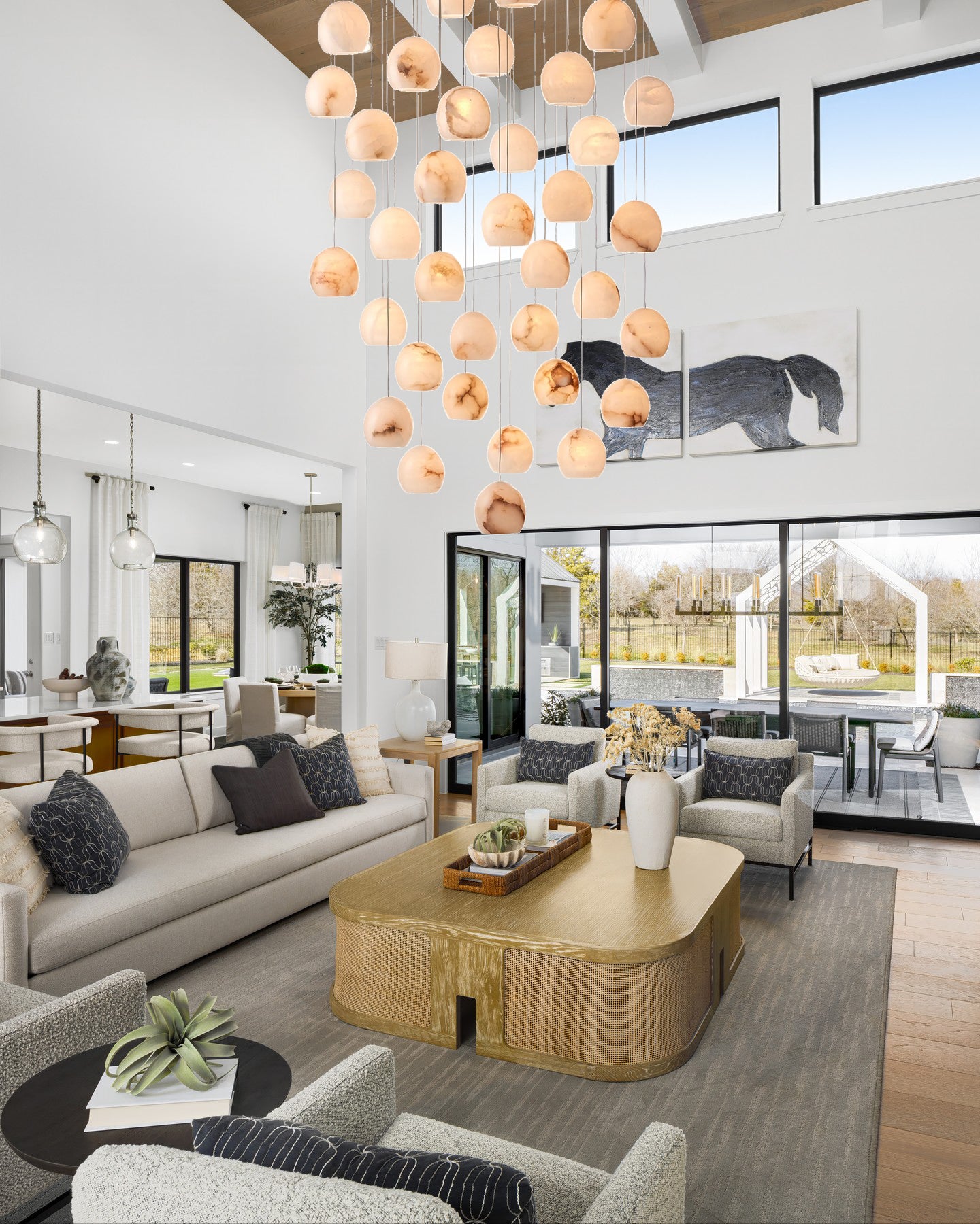 Arica Round Gold Chandelier with Natural Alabaster Stone Shades, Chandelier for High Ceiling