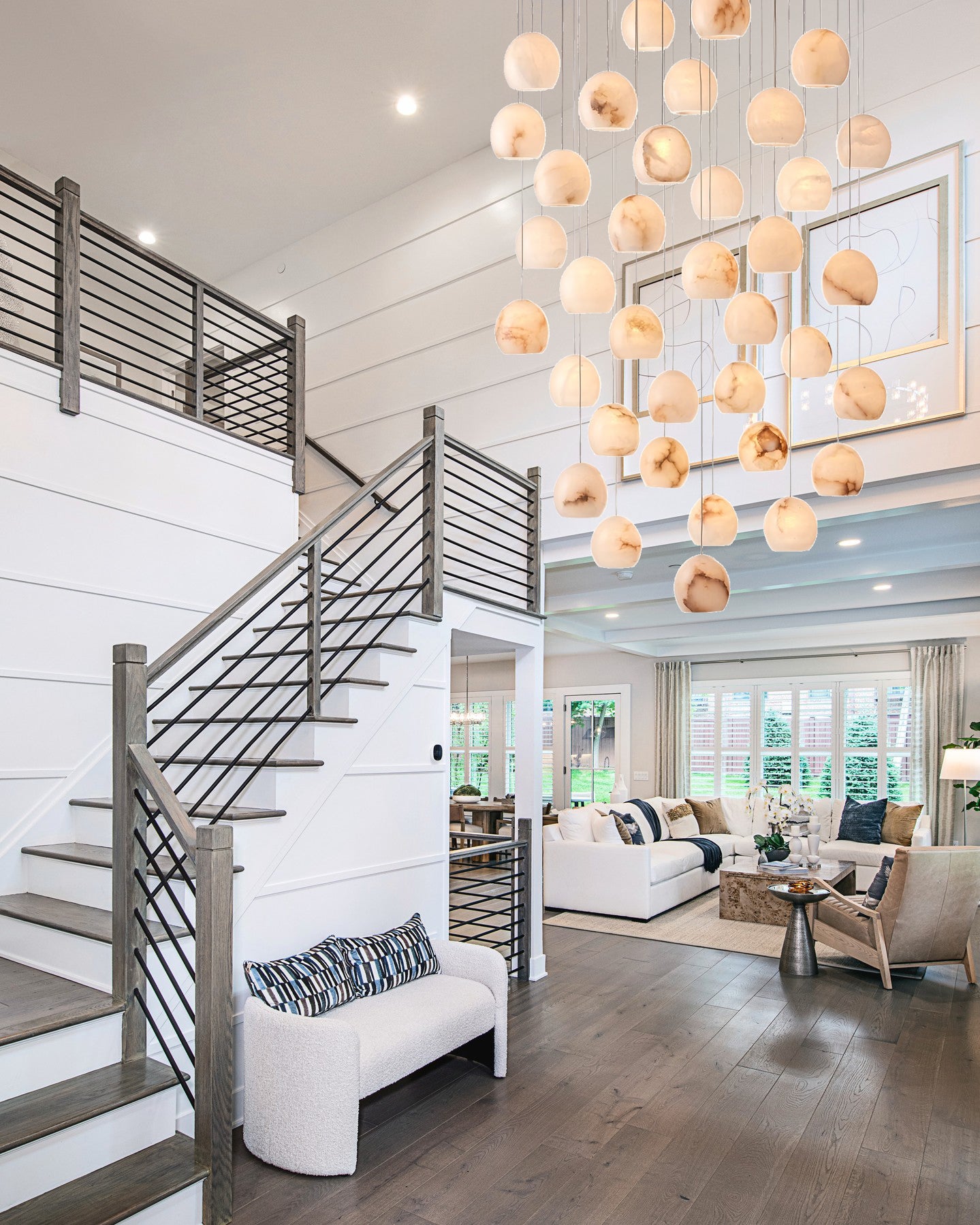 Arica Round Gold Chandelier with Natural Alabaster Stone Shades, Chandelier for High Ceiling