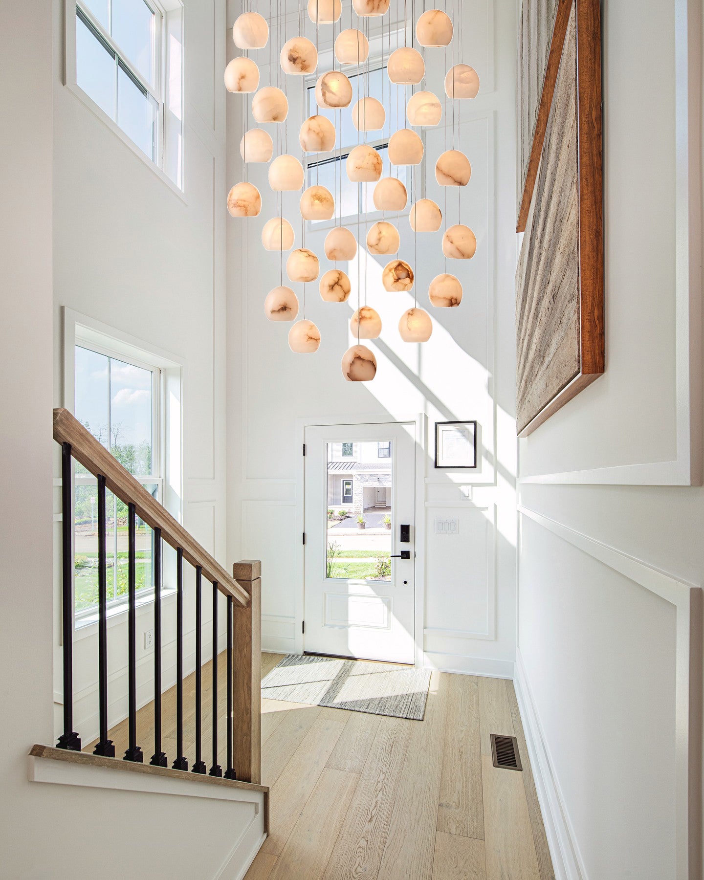 Arica Round Gold Chandelier with Natural Alabaster Stone Shades, Chandelier for High Ceiling