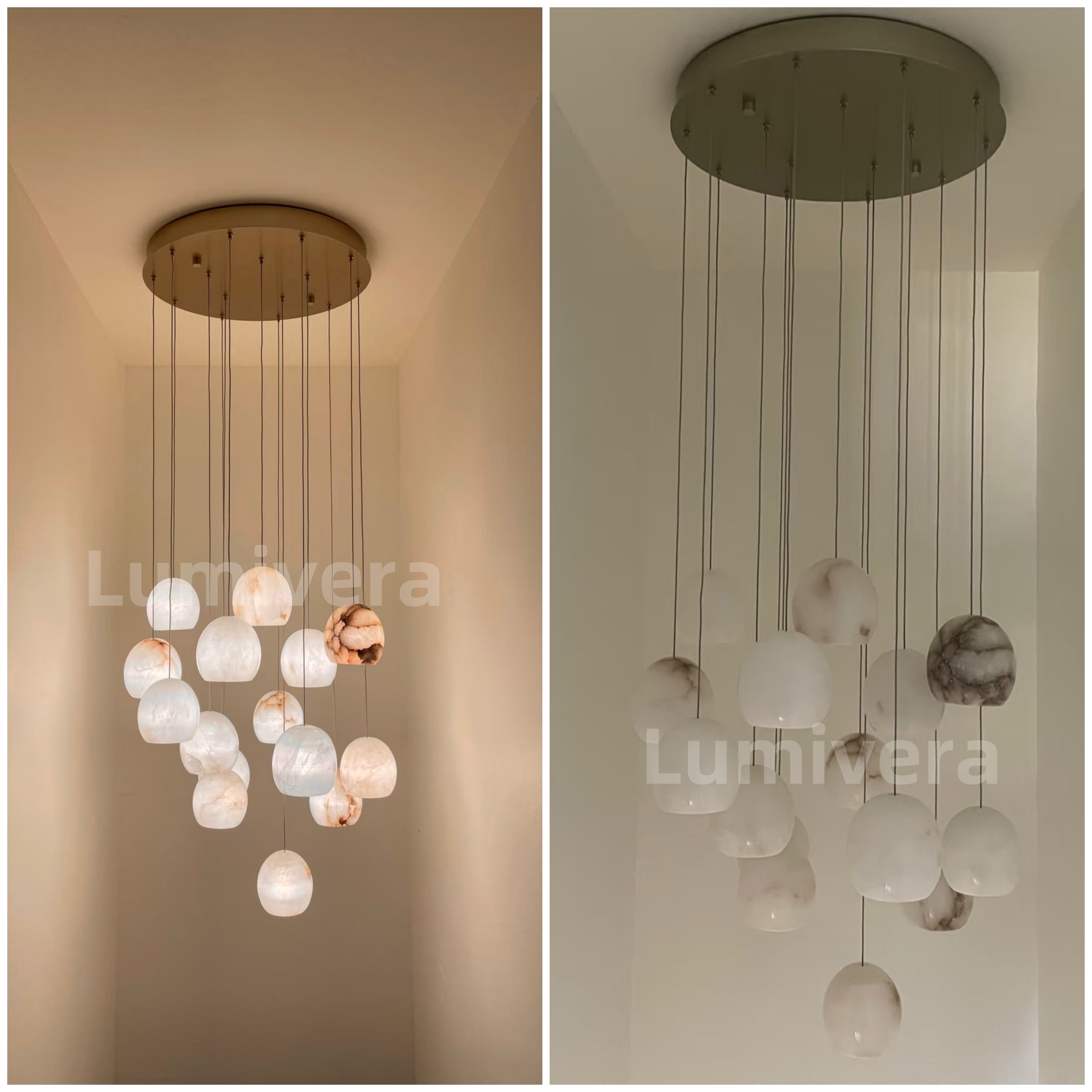 Arica Round Gold Chandelier with Natural Alabaster Stone Shades, Chandelier for High Ceiling