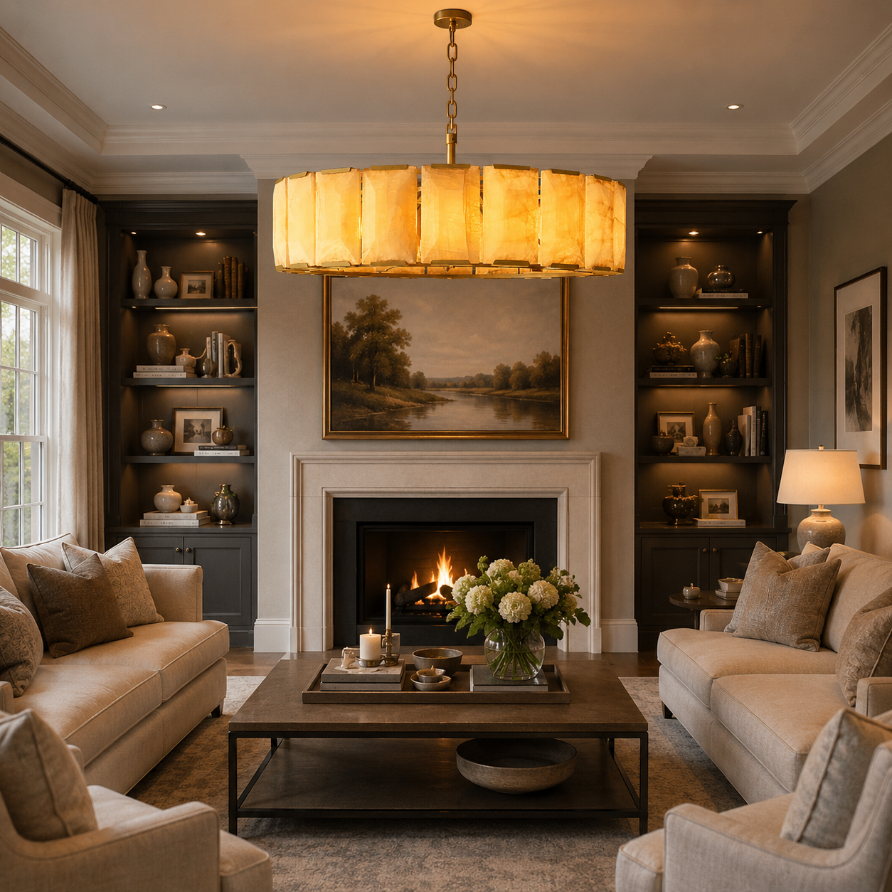 Marlow Calcite Round Chandelier with Natural Alabaster Stone Shades