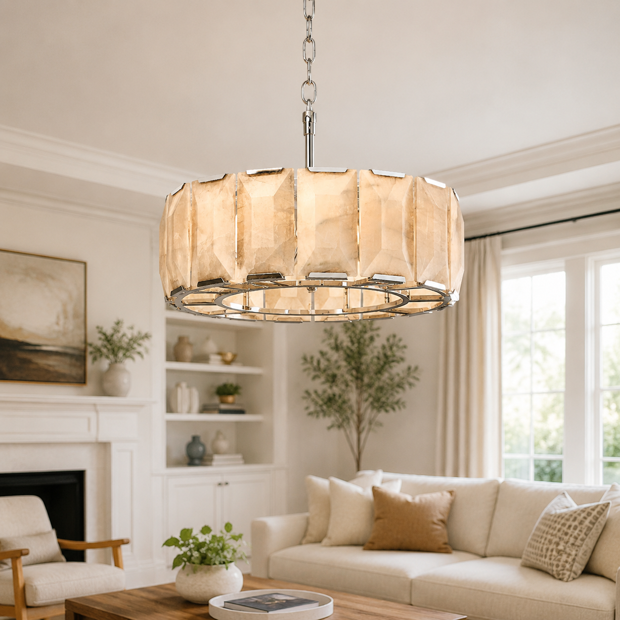 Hadilor Calcite Round Chandelier with Natural Alabaster Stone Shades