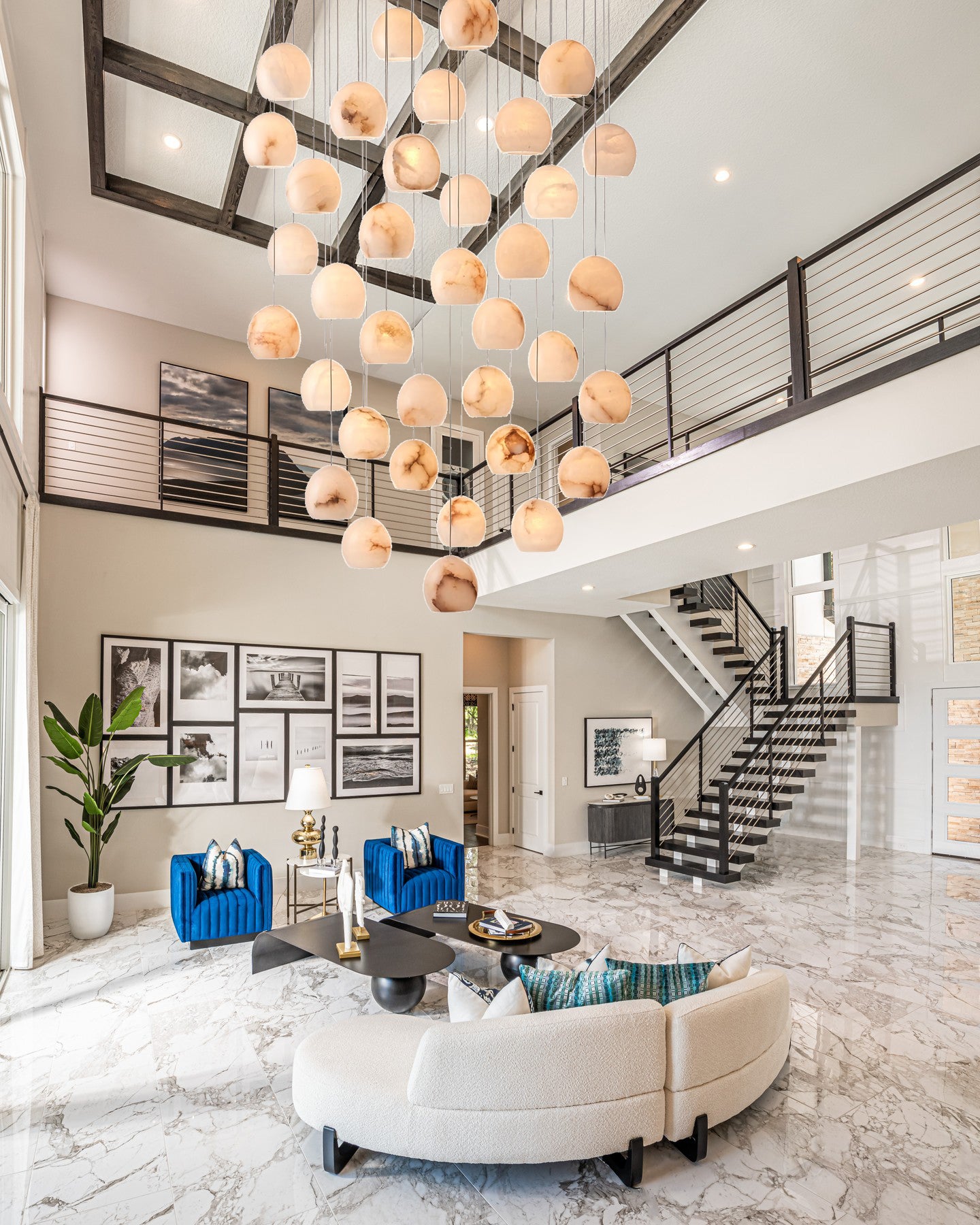 Arica Round Gold Chandelier with Natural Alabaster Stone Shades, Chandelier for High Ceiling