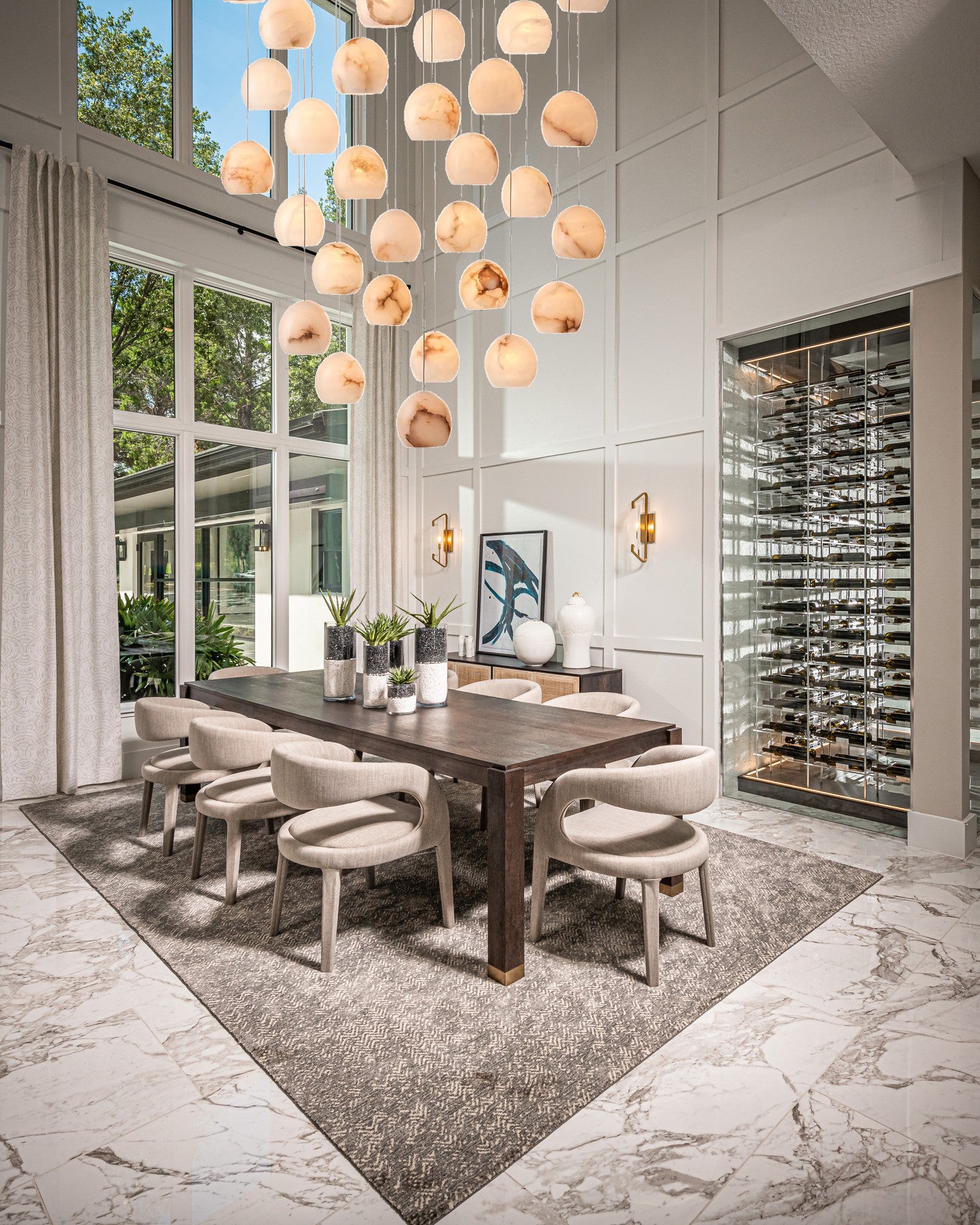 Arica Round Gold Chandelier with Natural Alabaster Stone Shades, Chandelier for High Ceiling