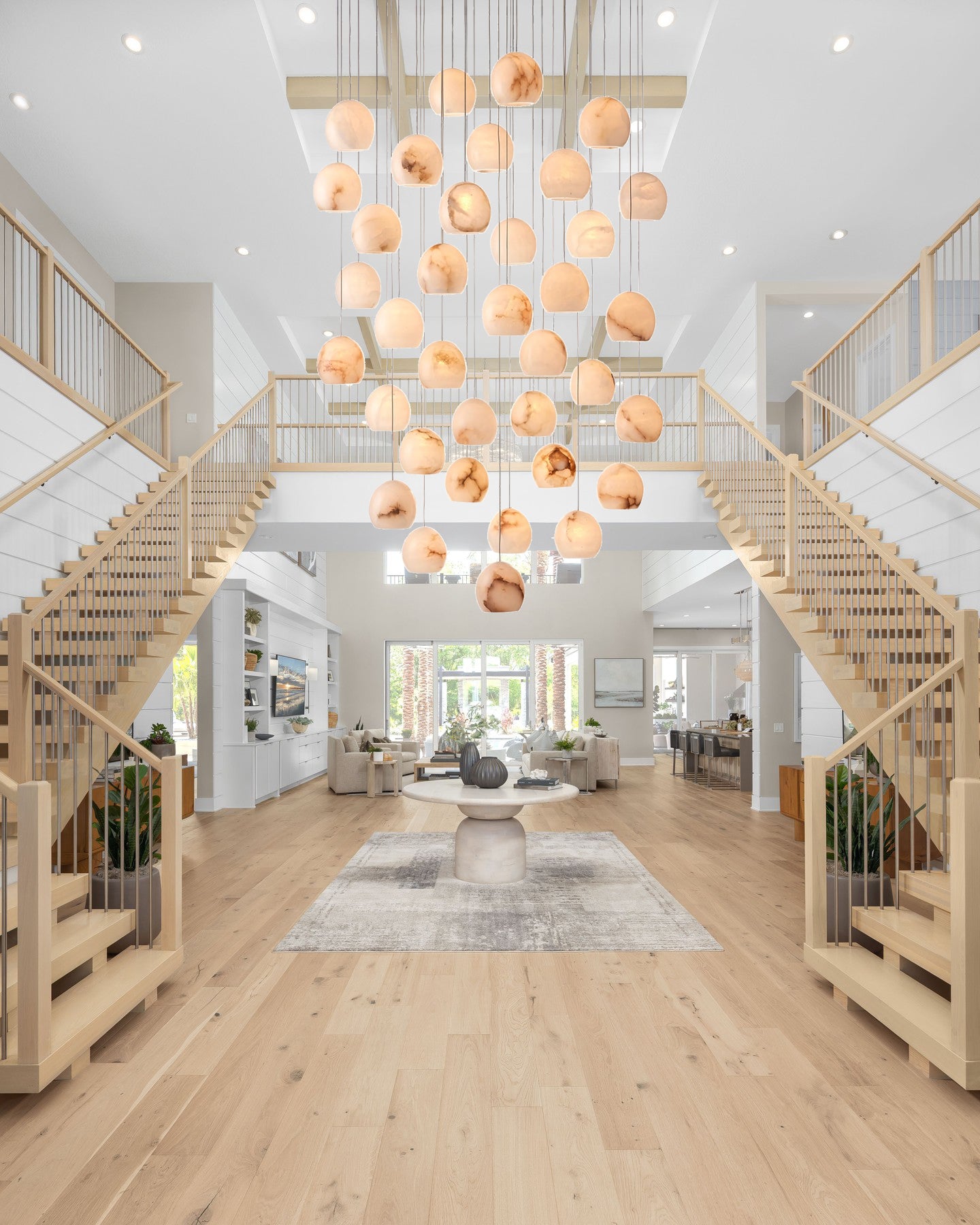 Arica Round Gold Chandelier with Natural Alabaster Stone Shades, Chandelier for High Ceiling