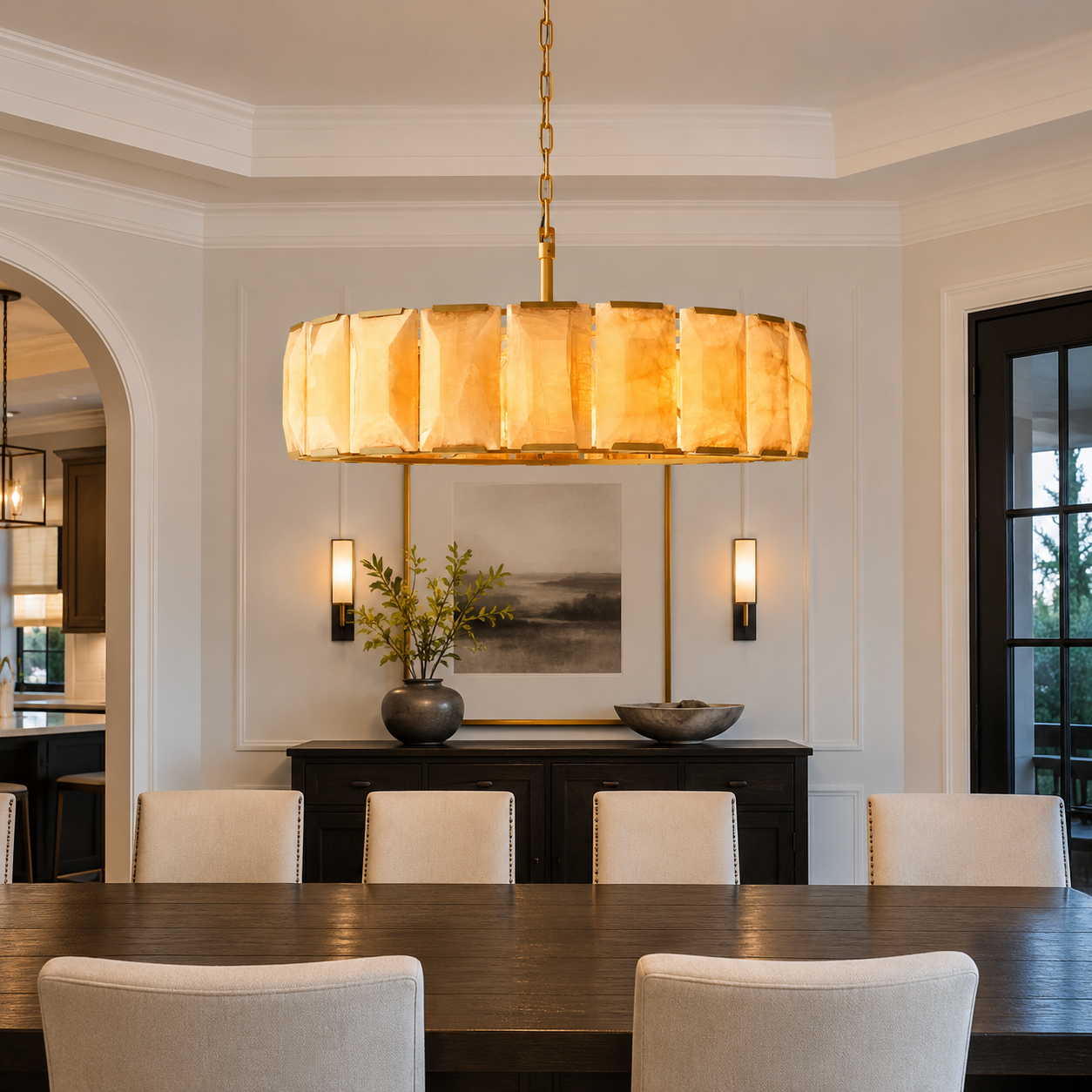 Hadilor Calcite Round Chandelier with Natural Alabaster Stone Shades