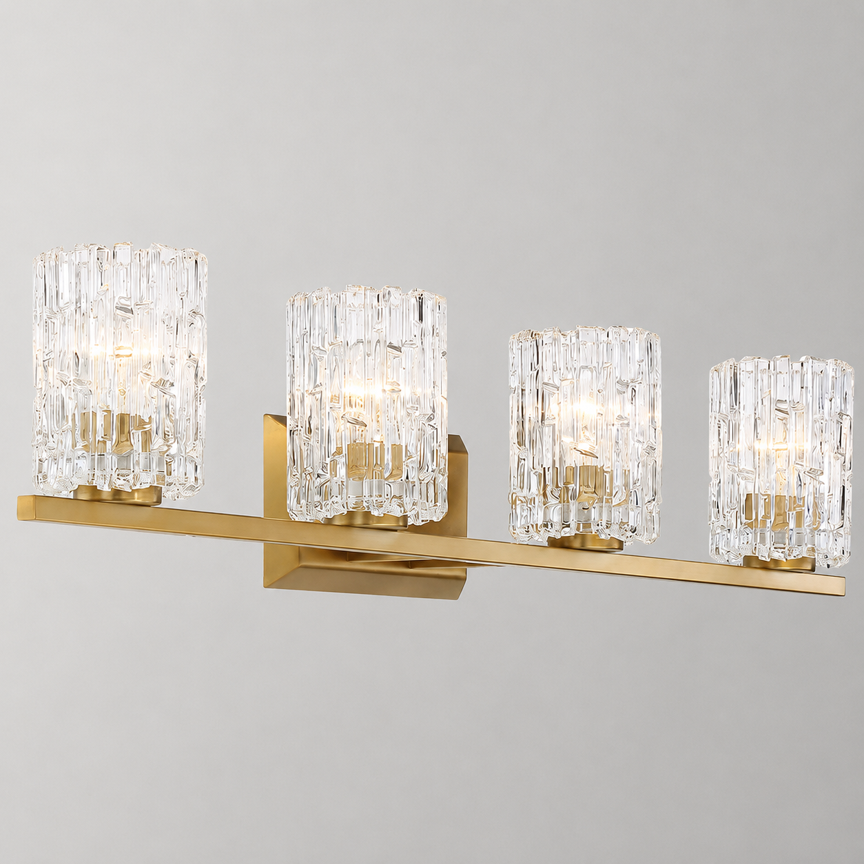36" Wide Ice Glass and Warm Brass Bath Light