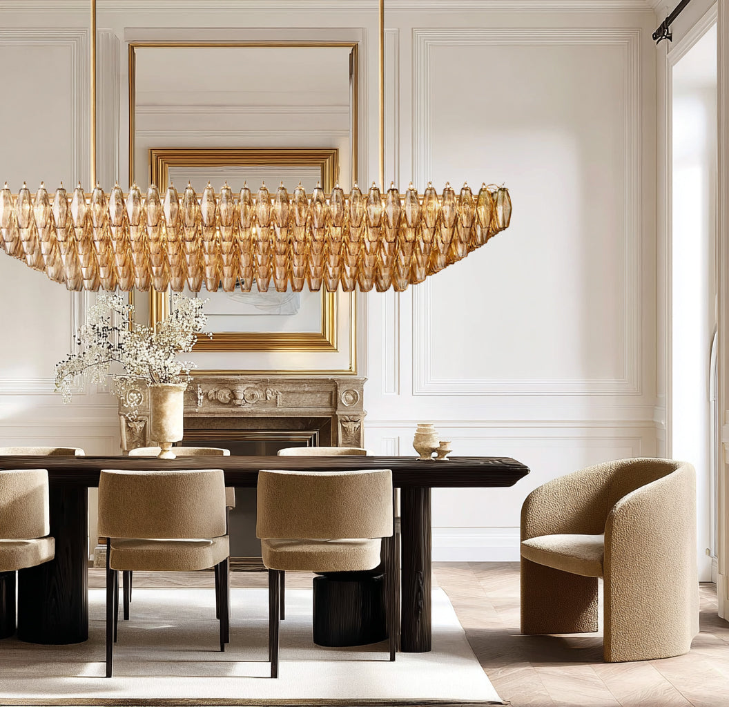 DHIARA SMOKE GLASS TIERED RECTANGULAR GOLD CHANDELIER 