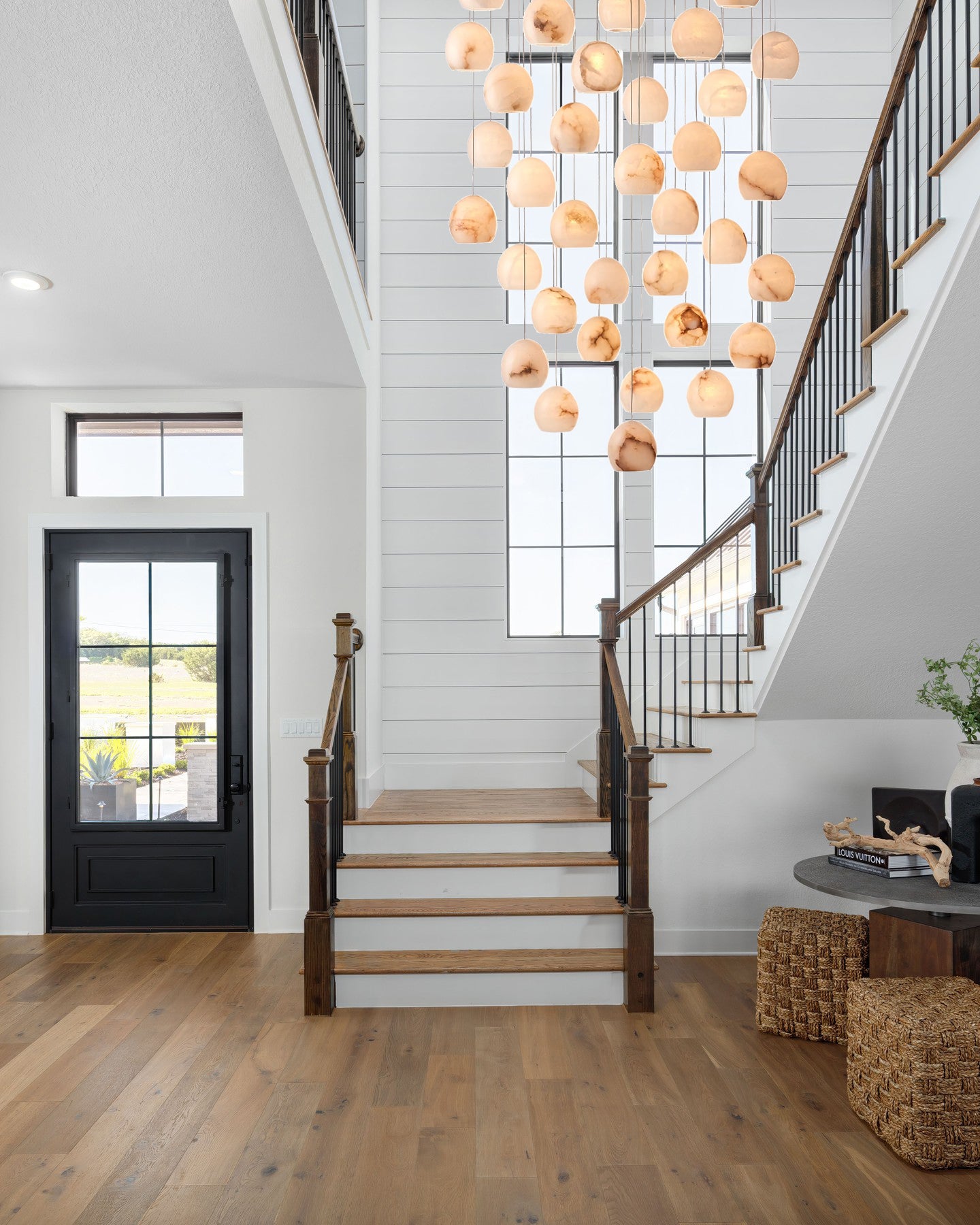 Arica Round Gold Chandelier with Natural Alabaster Stone Shades, Chandelier for High Ceiling