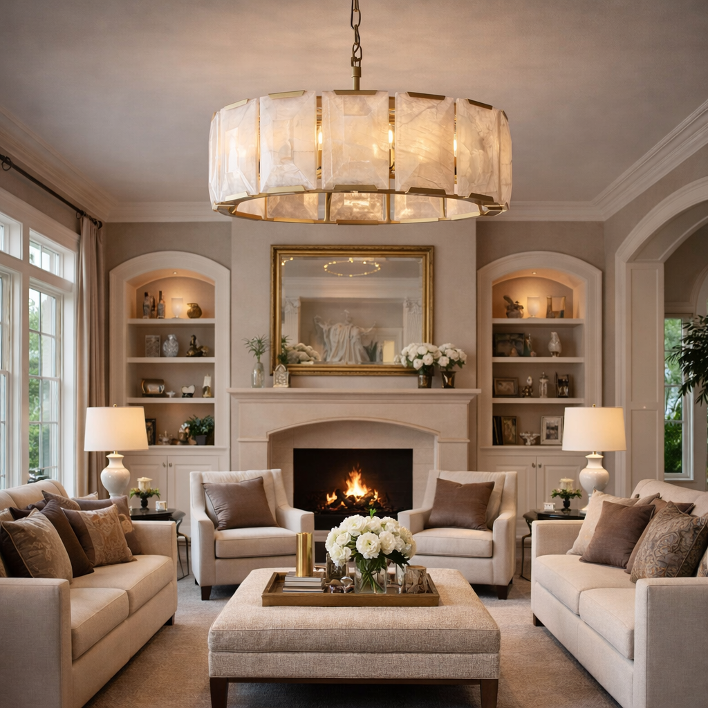 Marlow Calcite Round Chandelier with Natural Alabaster Stone Shades