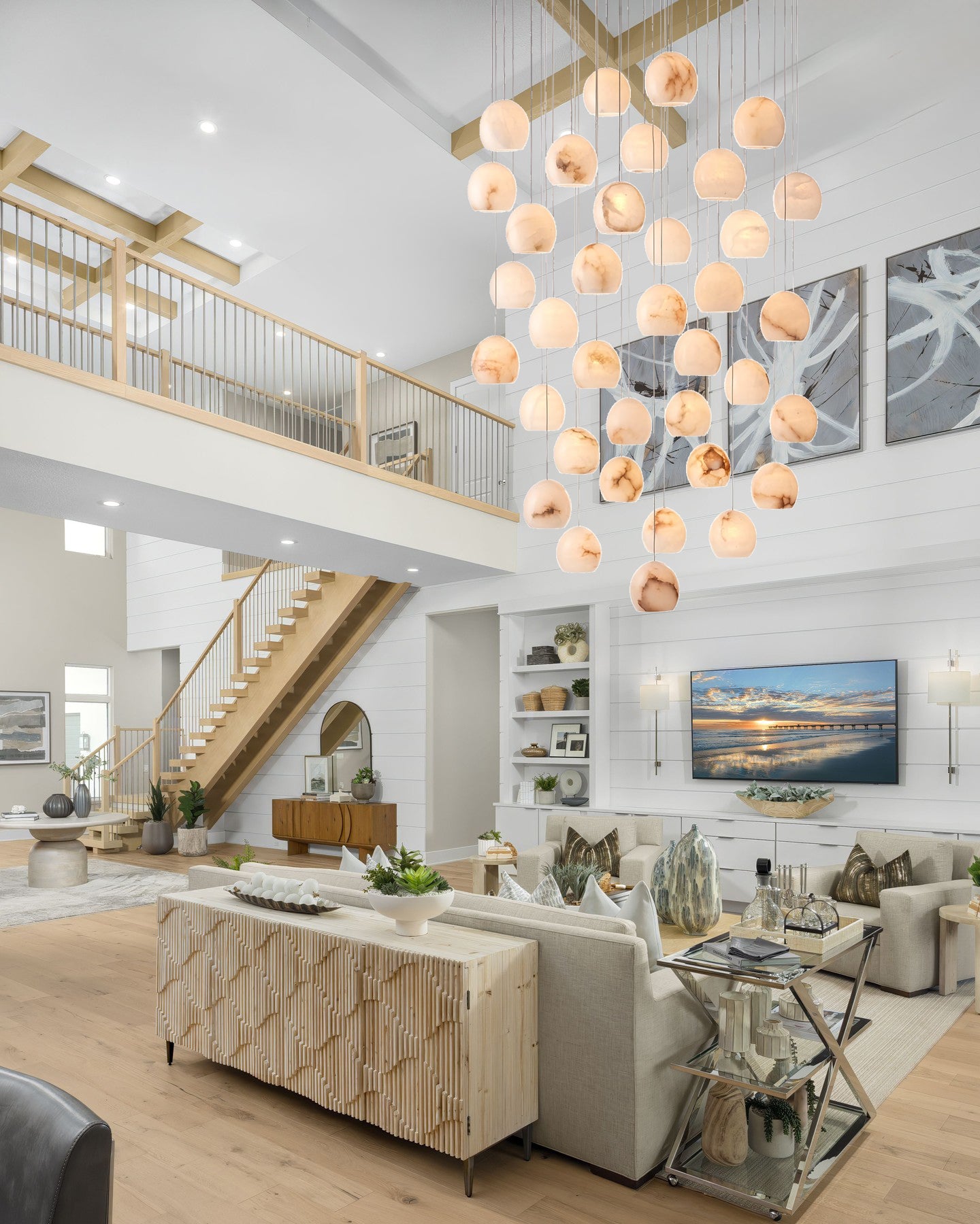 Arica Round Gold Chandelier with Natural Alabaster Stone Shades, Chandelier for High Ceiling