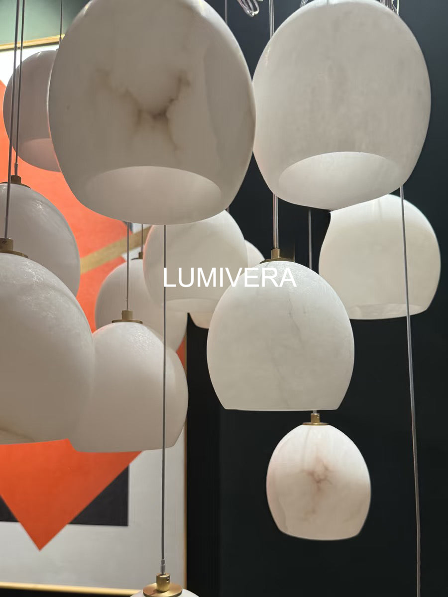 Arica Round Gold Chandelier with Natural Alabaster Stone Shades, Chandelier for High Ceiling