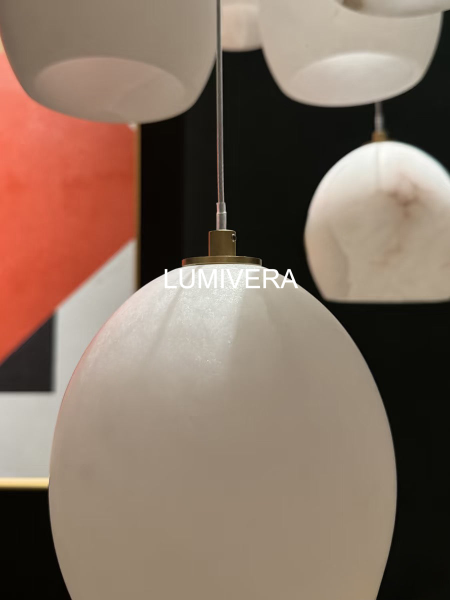 Arica Round Gold Chandelier with Natural Alabaster Stone Shades, Chandelier for High Ceiling