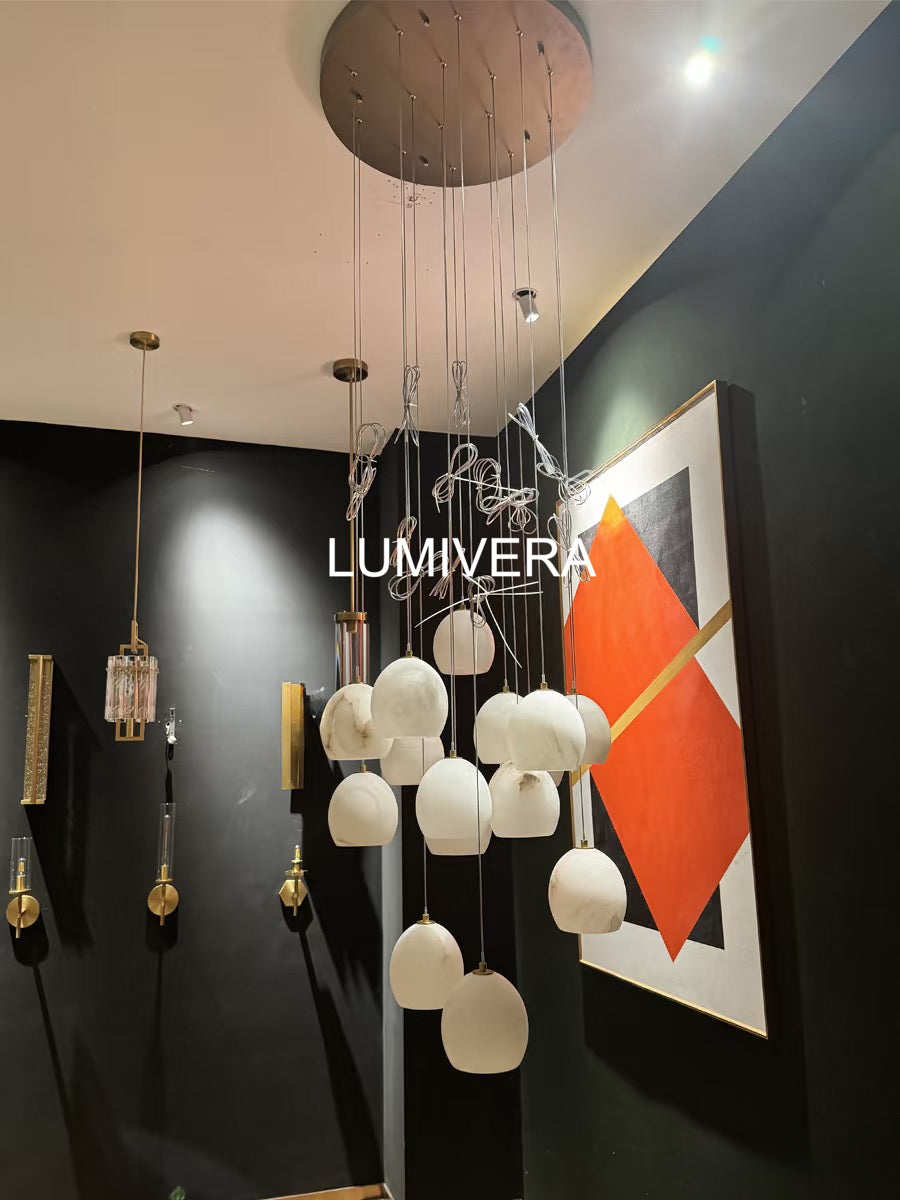 Arica Round Gold Chandelier with Natural Alabaster Stone Shades, Chandelier for High Ceiling