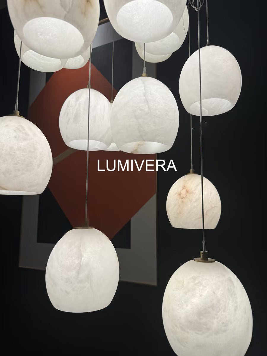 Arica Round Gold Chandelier with Natural Alabaster Stone Shades, Chandelier for High Ceiling