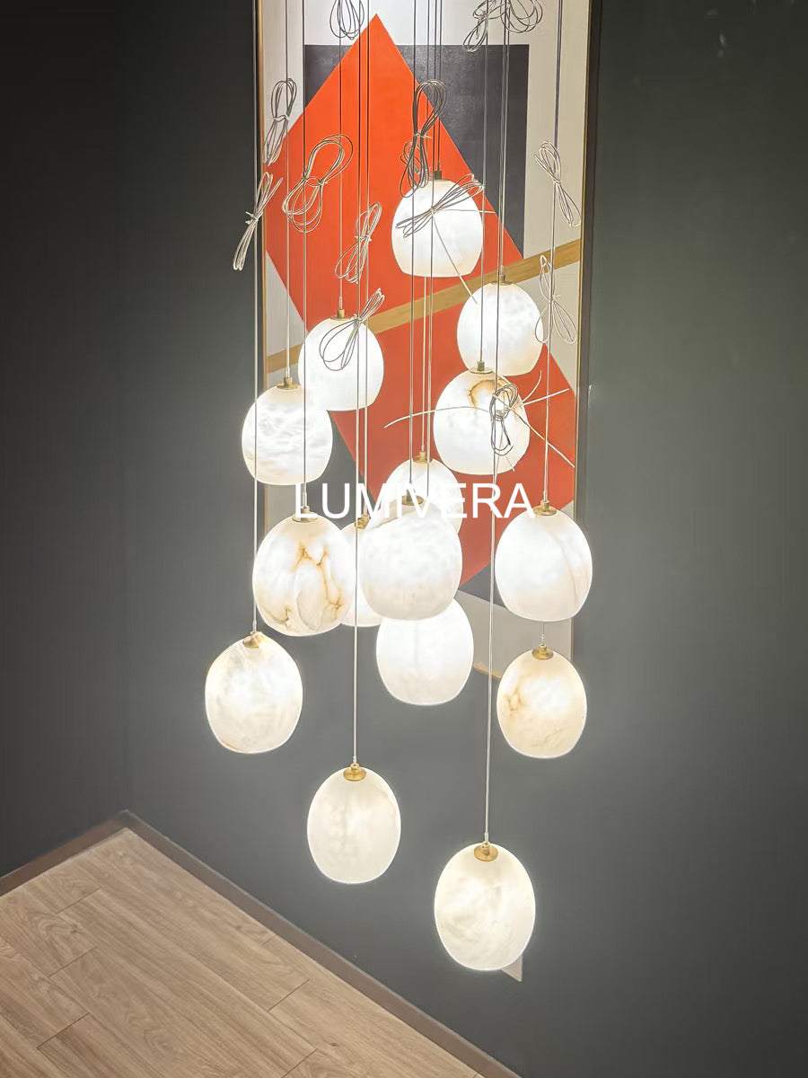Arica Round Gold Chandelier with Natural Alabaster Stone Shades, Chandelier for High Ceiling