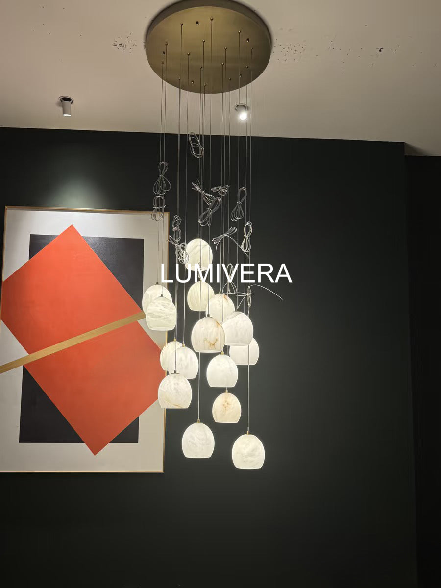 Arica Round Gold Chandelier with Natural Alabaster Stone Shades, Chandelier for High Ceiling