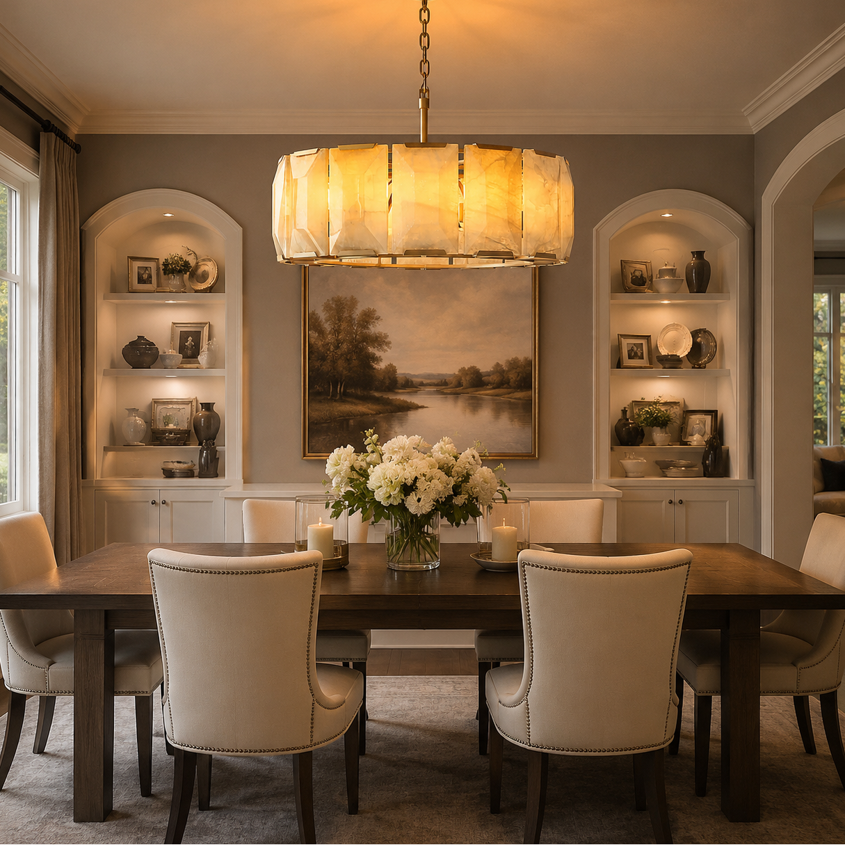 Hadilor Calcite Round Chandelier with Natural Alabaster Stone Shades