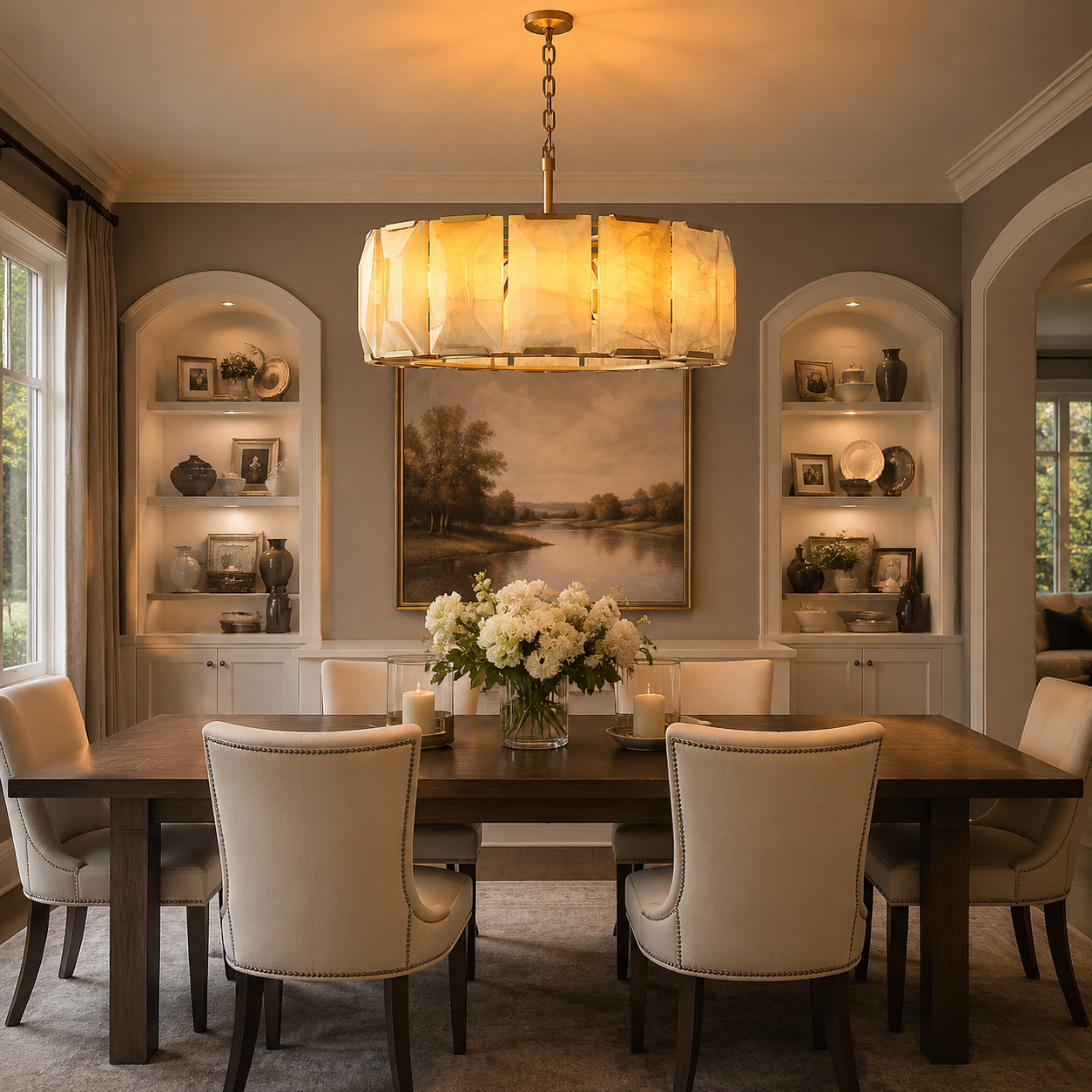 Marlow Calcite Round Chandelier with Natural Alabaster Stone Shades