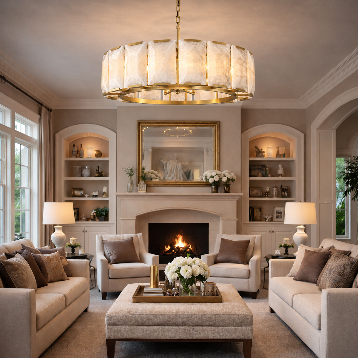 Hadilor Calcite Round Chandelier with Natural Alabaster Stone Shades