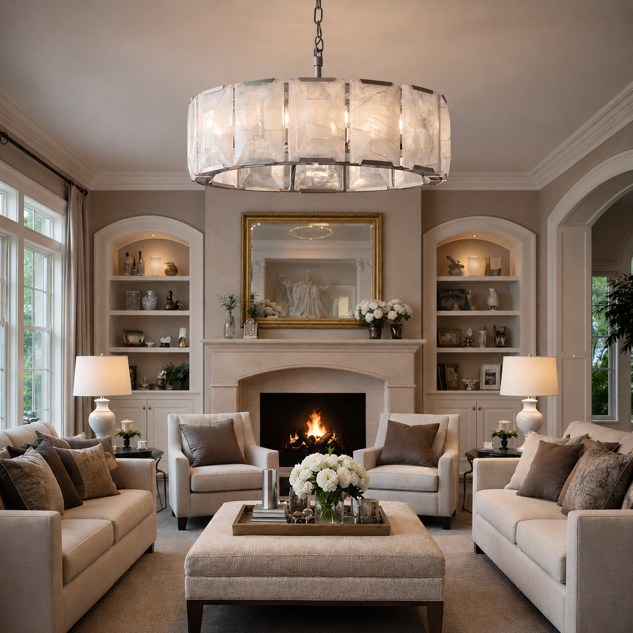 Marlow Calcite Round Chandelier with Natural Alabaster Stone Shades