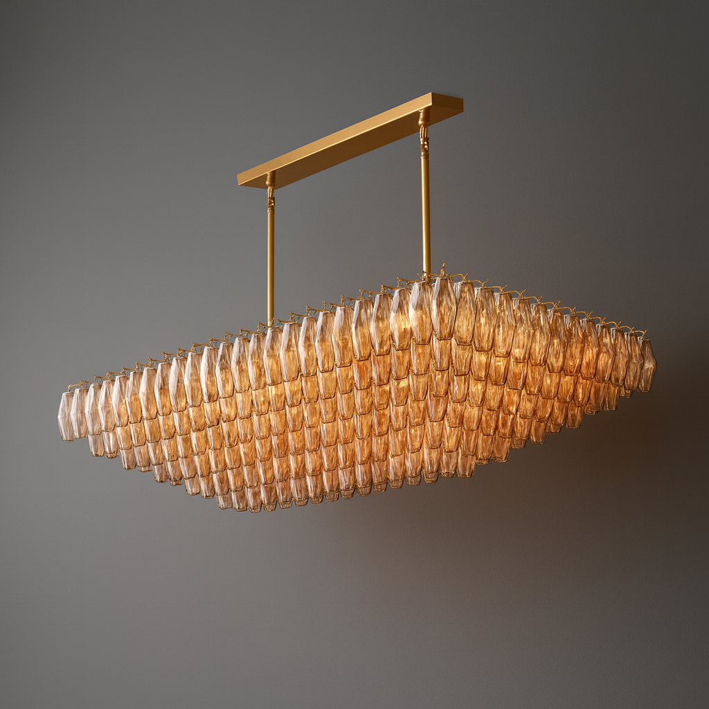 DHIARA SMOKE GLASS TIERED RECTANGULAR GOLD CHANDELIER 
