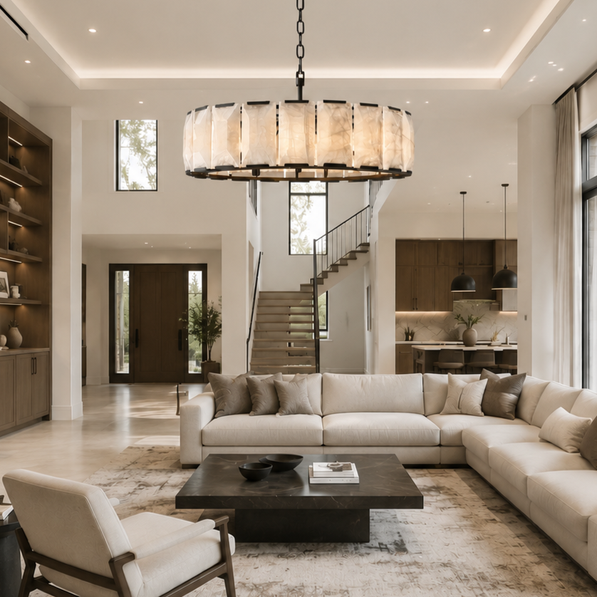 Hadilor Calcite Round Chandelier with Natural Alabaster Stone Shades